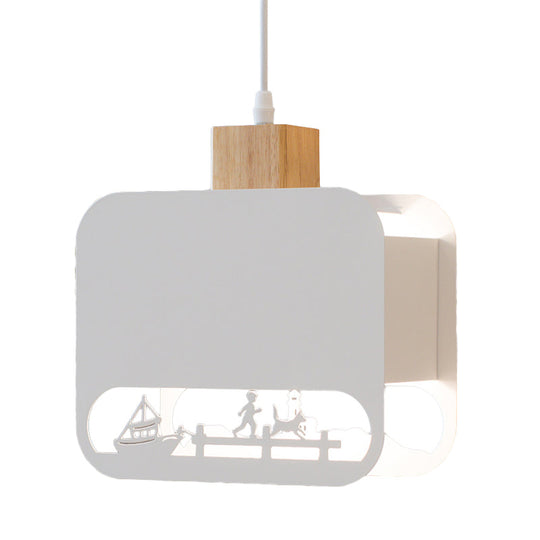 Nordic Style Wood And White Kids Bedroom Hanging Light Kit With Etched Iron Shade