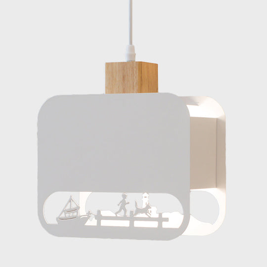 Nordic Style Wood And White Kids Bedroom Hanging Light Kit With Etched Iron Shade