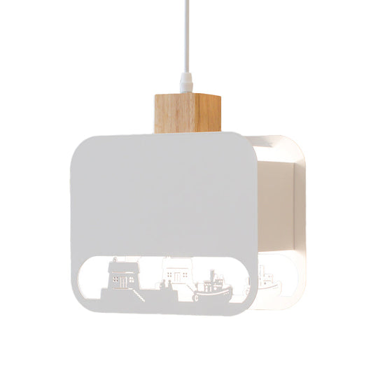 Nordic Style Wood And White Kids Bedroom Hanging Light Kit With Etched Iron Shade