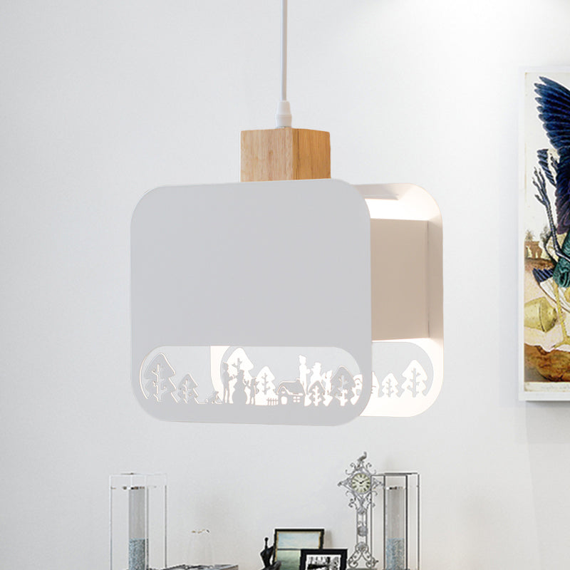 Nordic Style Wood And White Kids Bedroom Hanging Light Kit With Etched Iron Shade