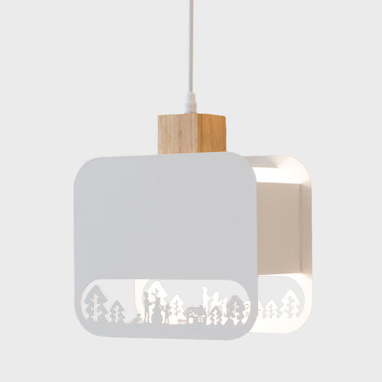 Nordic Style Wood And White Kids Bedroom Hanging Light Kit With Etched Iron Shade