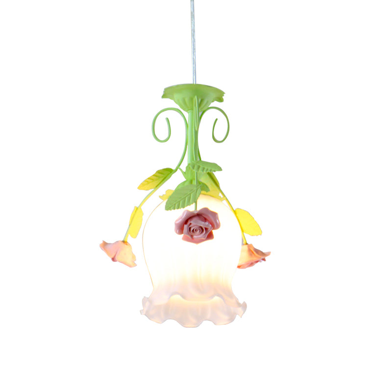 Pink Opal Glass Scallop Ceiling Light With Floral Decoration - Rural Hanging Pendant