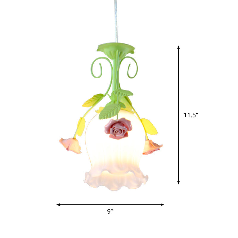 Pink Opal Glass Scallop Ceiling Light With Floral Decoration - Rural Hanging Pendant