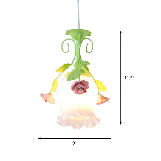 Pink Opal Glass Scallop Ceiling Light With Floral Decoration - Rural Hanging Pendant