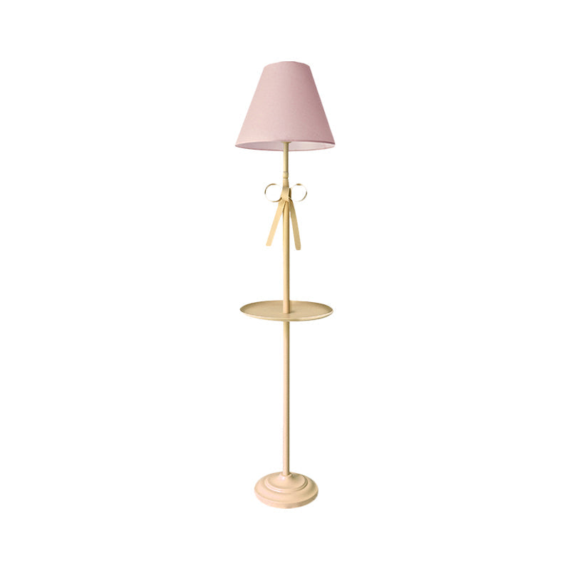 Kids Pink/Yellow Conical Standing Floor Light With Pleated Fabric Shade And Table - 1 Bulb