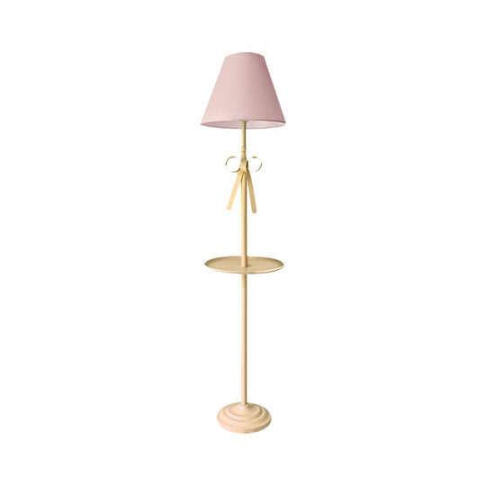 Kids Pink/Yellow Conical Standing Floor Light With Pleated Fabric Shade And Table - 1 Bulb