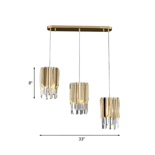 Suspension rectangulaire en cristal doré pour salle à manger - Groupe de luxe superposé, cristal transparent, suspension à 3 têtes