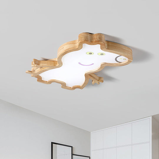 Cartoon Pig Wood LED Ceiling Lamp for Kids Room in White/Warm Light