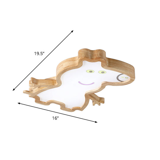 Cartoon Pig Wood Led Ceiling Lamp For Kids Room In White/Warm Light
