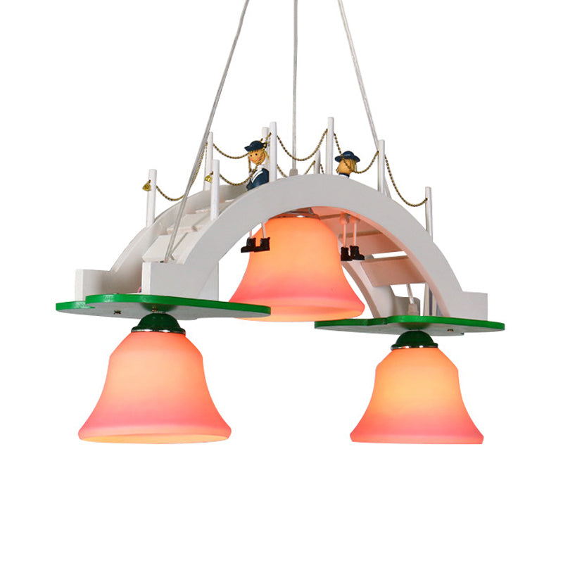 Kids Wooden Bridge Pink Glass Bell Chandelier Pendant - 3-Light Down Lighting