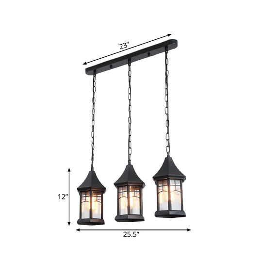 Black Multi-Panel Cottage Lantern Ceiling Light With Clear Glass And Linear Canopy - 3 Lights