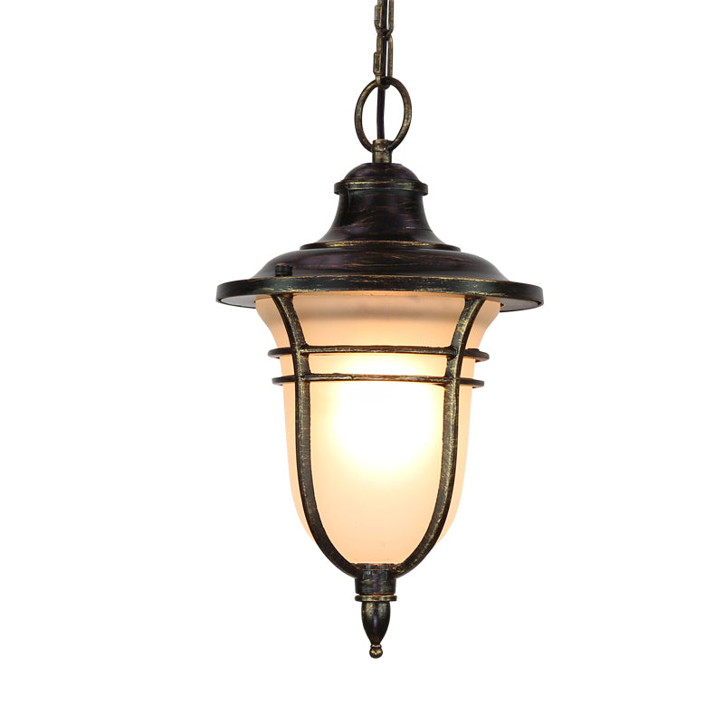 Black Urn Down Lighting Lodge Pendant Light With Frosted Glass - Single Bulb Ceiling Fixture For