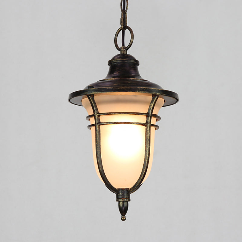 Black Urn Down Lighting Lodge Pendant Light With Frosted Glass - Single Bulb Ceiling Fixture For