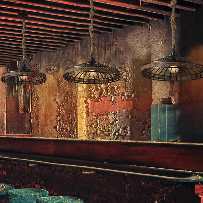 Vintage Rope and Metal Suspension Light for Restaurants - Conic Cage Design in Aged Silver/Black