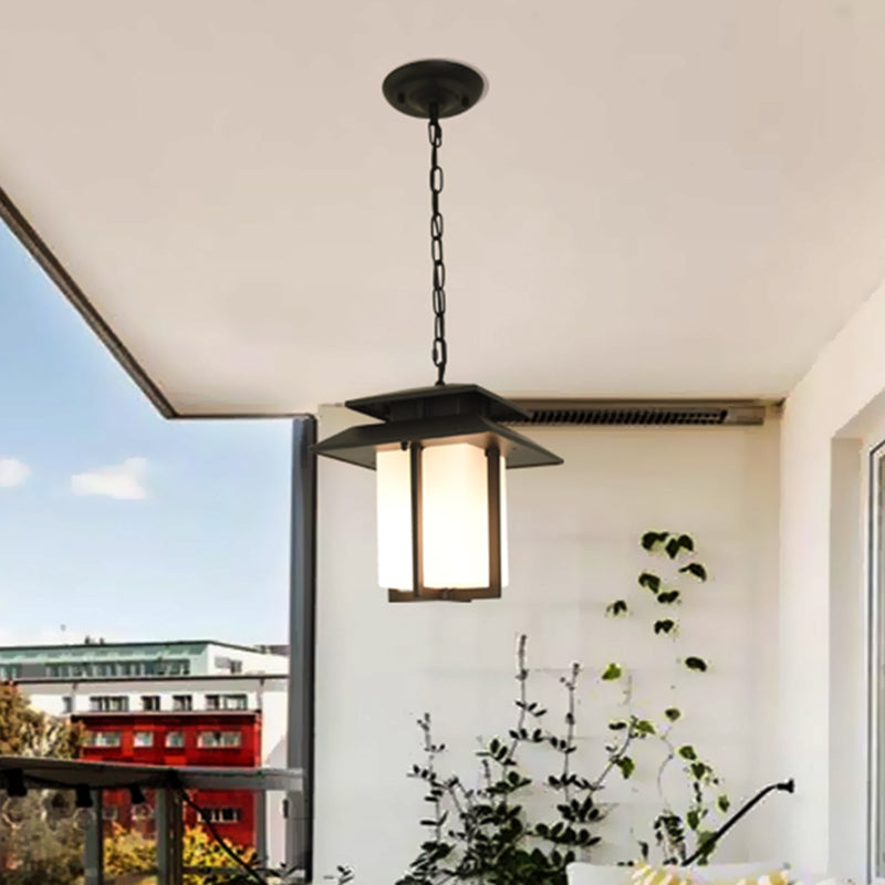 Black Milk Glass Pendant Light For Countryside Balcony - 1 Suspension Lantern