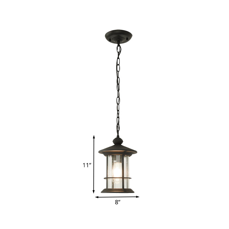 Lodge Lantern Pendant Lamp - 1-Bulb Clear Glass Ceiling Suspension Black Balcony