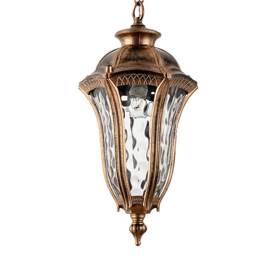 Lodge Urn-Shaped Pendant Light In Bronze - 1-Light Clear Ripple Glass Hanging Ceiling Fixture