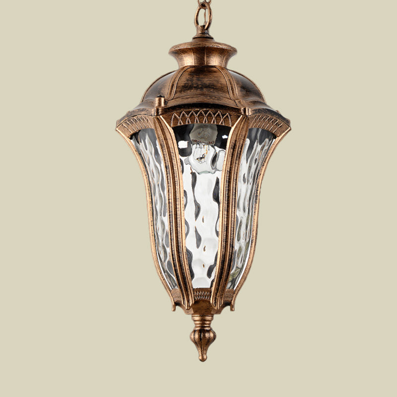 Lodge Urn-Shaped Pendant Light In Bronze - 1-Light Clear Ripple Glass Hanging Ceiling Fixture