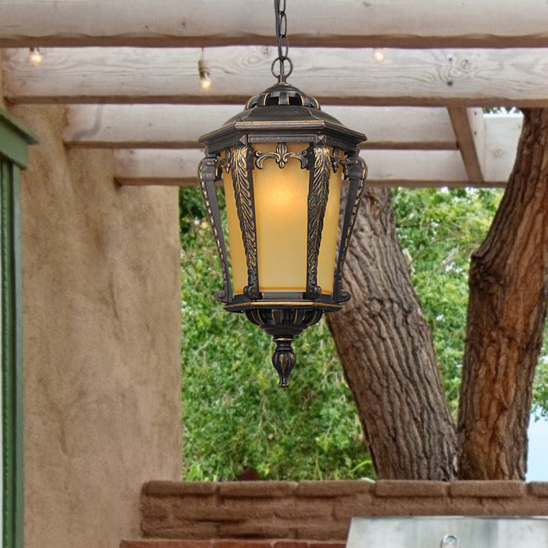 Bronze Lodge Head Pendant Light With Yellow Glass Lantern - Perfect Outdoor Lighting Fixture