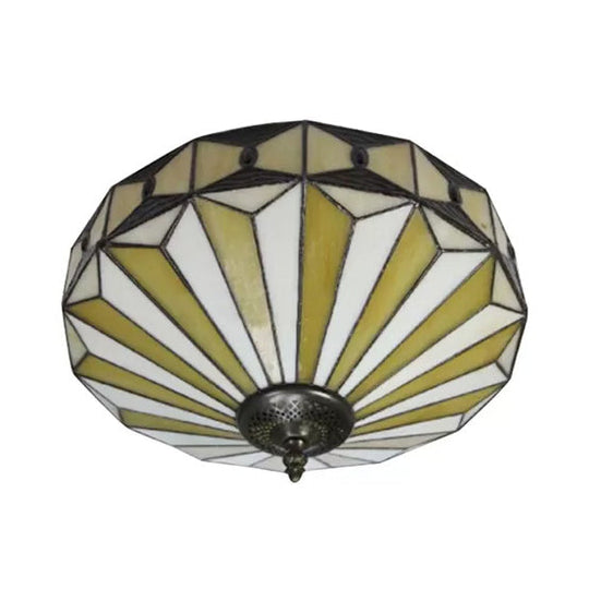 Geometric Stained Glass Ceiling Light for Bedroom - 2-Light Flush Mount Fixture, Mission Style - H8.5" x D16