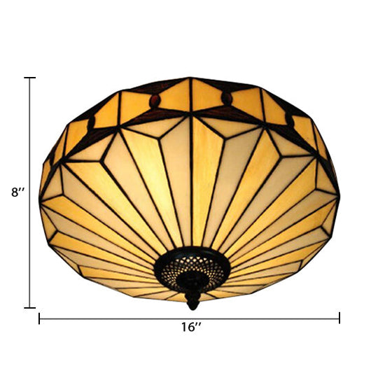 Geometric Stained Glass Ceiling Light for Bedroom - 2-Light Flush Mount Fixture, Mission Style - H8.5" x D16