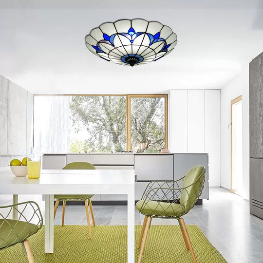 Blue Stained Glass Ceiling Light - Tiffany Style, Floral Shade - 3-Light Flush Mount for Bedroom