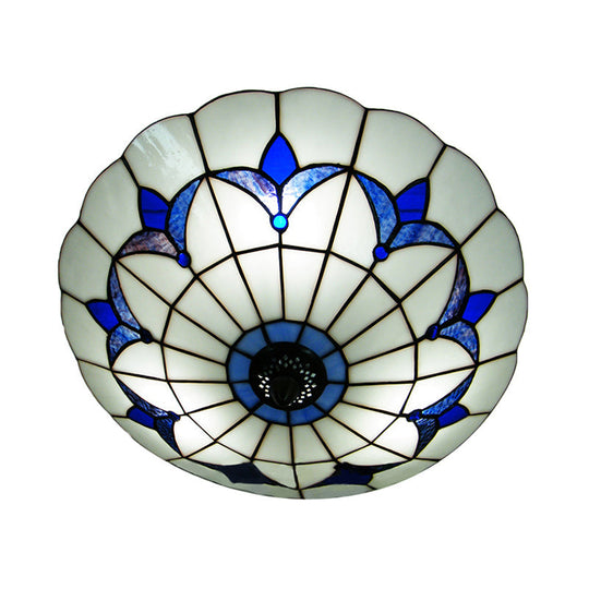 Blue Stained Glass Ceiling Light - Tiffany Style, Floral Shade - 3-Light Flush Mount for Bedroom