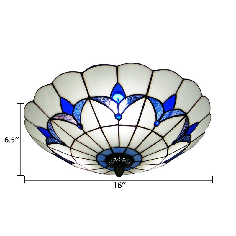 Blue Stained Glass Ceiling Light - Tiffany Style, Floral Shade - 3-Light Flush Mount for Bedroom