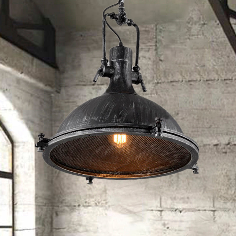 Vintage Style Dome Hanging Light With Wire Mesh - Antique Black Metal Pendant Fixture