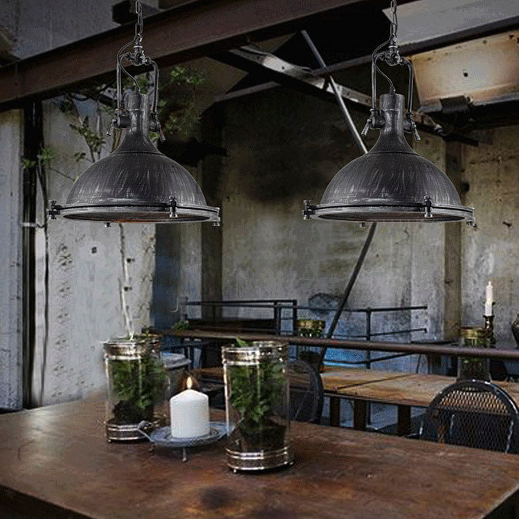 Vintage Style Dome Hanging Light with Wire Mesh - Antique Black Metal Pendant Fixture, 1-Light