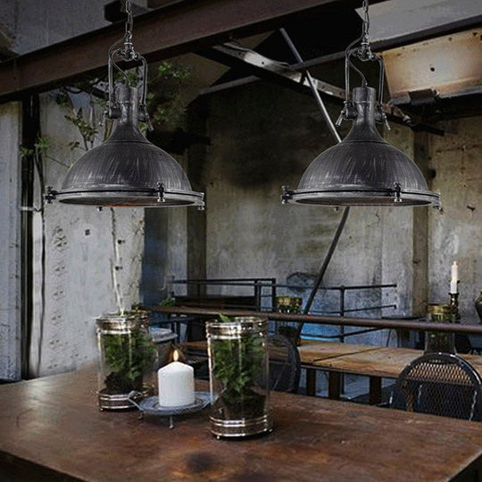 Vintage Style Dome Hanging Light with Wire Mesh - Antique Black Metal Pendant Fixture, 1-Light