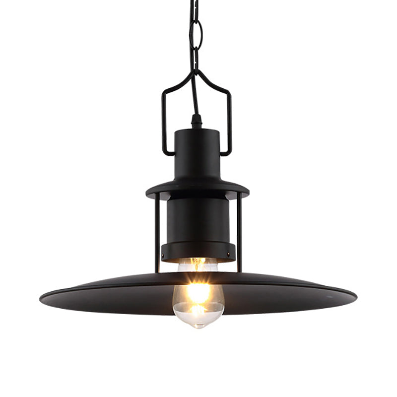 Industrial Metal Pendant Light - Flat Cone Shade, 1-Light Dining Room Hanging Fixture in Black, 16" Width