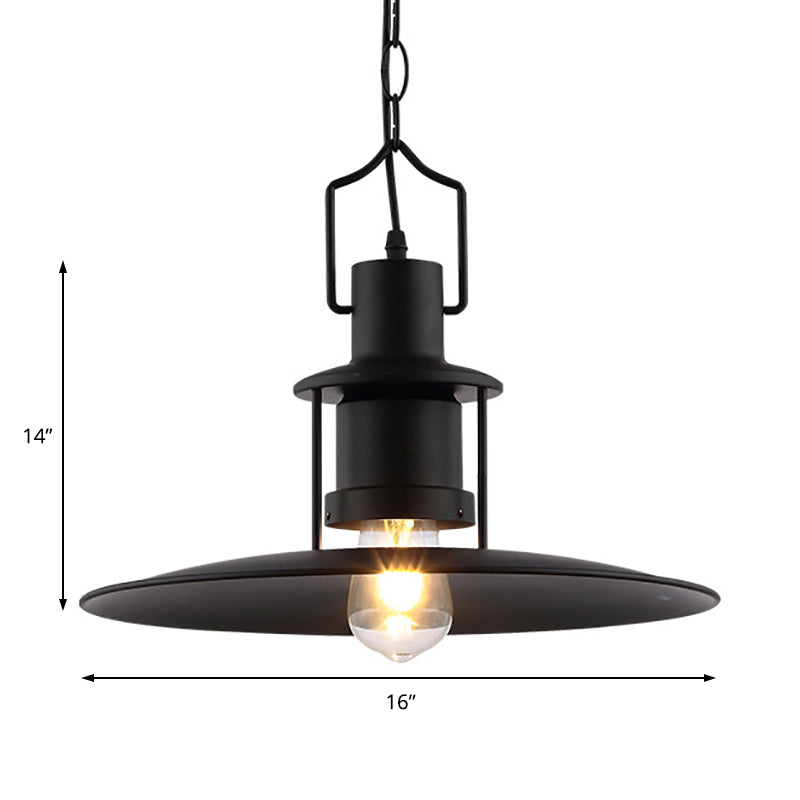 Industrial Metal Pendant Light - Flat Cone Shade, 1-Light Dining Room Hanging Fixture in Black, 16" Width