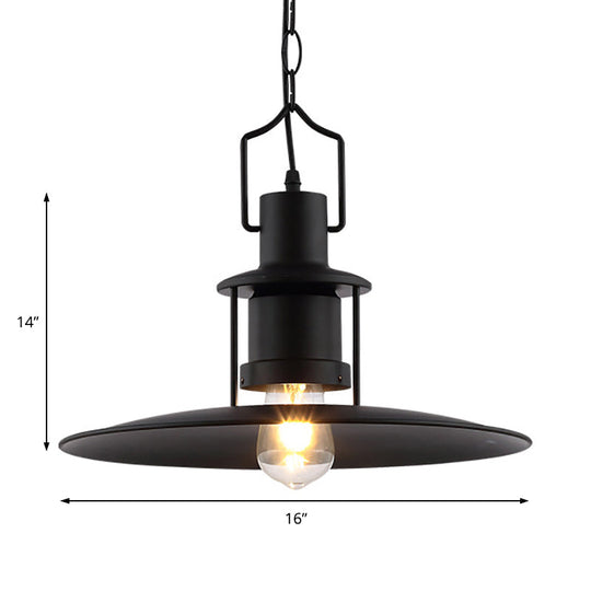 Industrial Metal Pendant Light - Flat Cone Shade, 1-Light Dining Room Hanging Fixture in Black, 16" Width