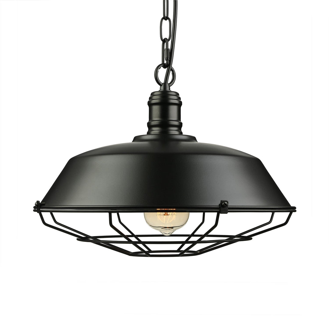 Industrial Black Wire Cage Pendant with Barn Shade - Ceiling or Dining Table Hanging Fixture