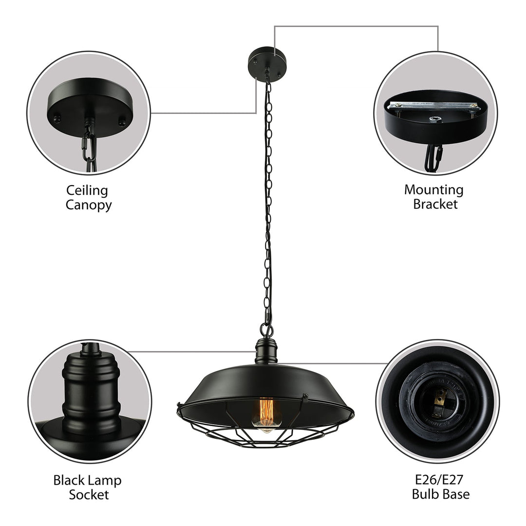 Industrial Black Wire Cage Pendant with Barn Shade - Ceiling or Dining Table Hanging Fixture