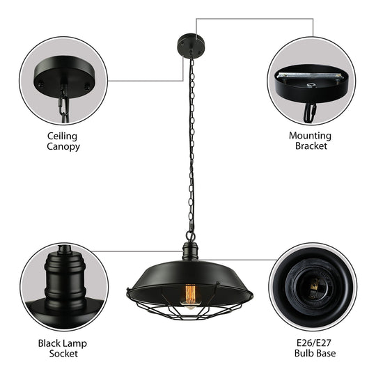 Industrial Black Wire Cage Pendant with Barn Shade - Ceiling or Dining Table Hanging Fixture