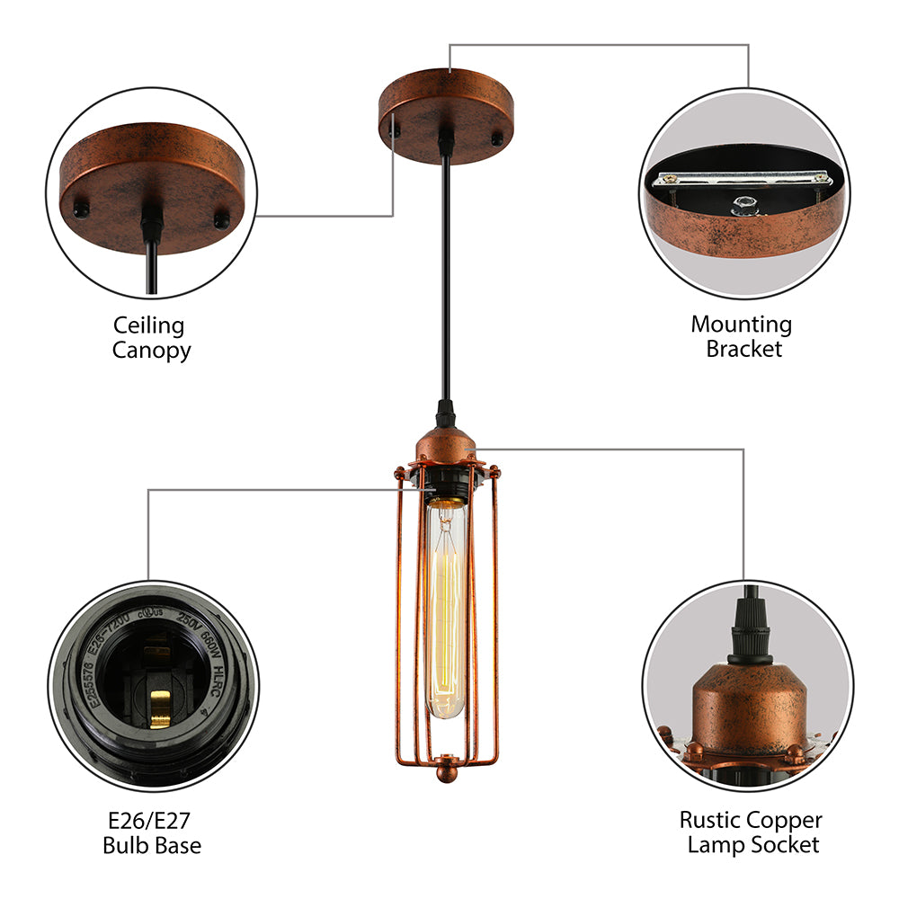 Vintage-Style 1-Bulb Dark Rust Tube Pendant Lighting with Wire Guard for Kitchen