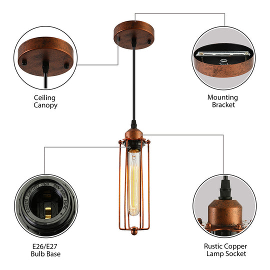 Vintage-Style 1-Bulb Dark Rust Tube Pendant Lighting with Wire Guard for Kitchen