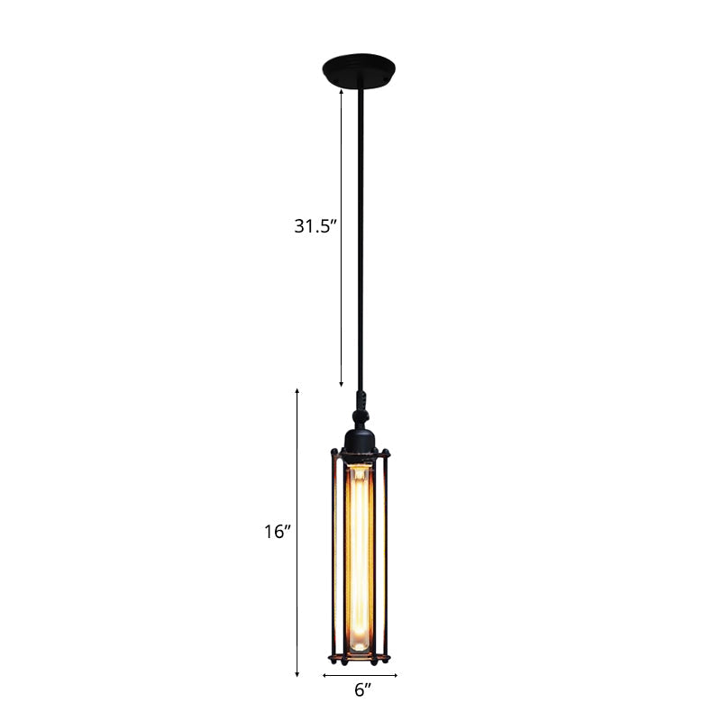 Industrial Metal Pendant Light with Tube Shade and Wire Guard - Black Finish