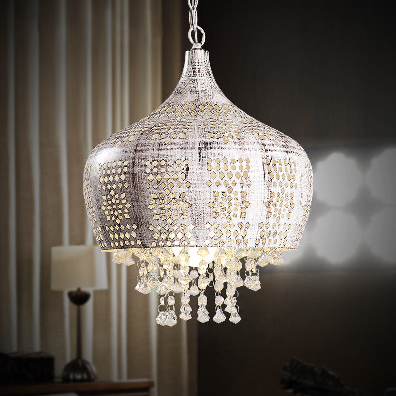 Vintage Dome Pendant Light with Crystal Deco and Pierced Design - Distressed White