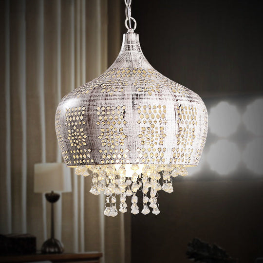 Vintage Dome Pendant Light with Crystal Deco and Pierced Design - Distressed White