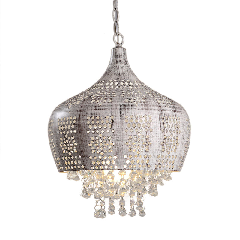 Vintage Dome Pendant Light with Crystal Deco and Pierced Design - Distressed White