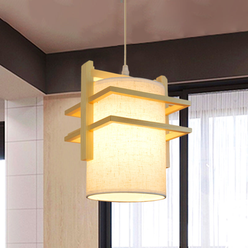 Asian Style Fabric Hanging Lamp Kit - Cylindrical 1-Head Ceiling Light With Wood Shelf Beige