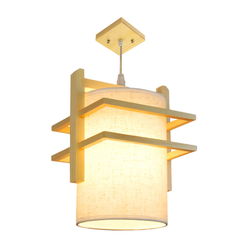 Asian Style Fabric Hanging Lamp Kit - Cylindrical 1-Head Ceiling Light With Wood Shelf Beige