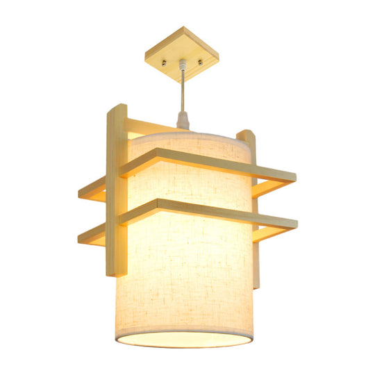 Asian Style Fabric Hanging Lamp Kit - Cylindrical 1-Head Ceiling Light With Wood Shelf Beige