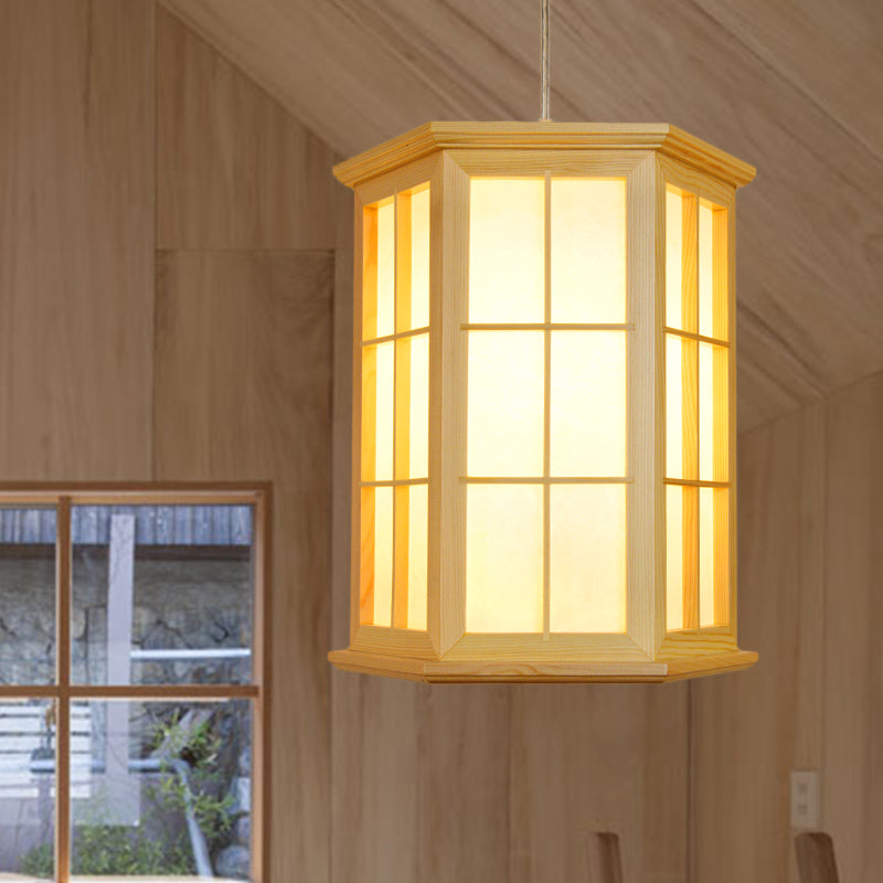 Japanese Style Wood Hexagon Pendulum Light In Beige Tea Room Hanging Ceiling Lamp