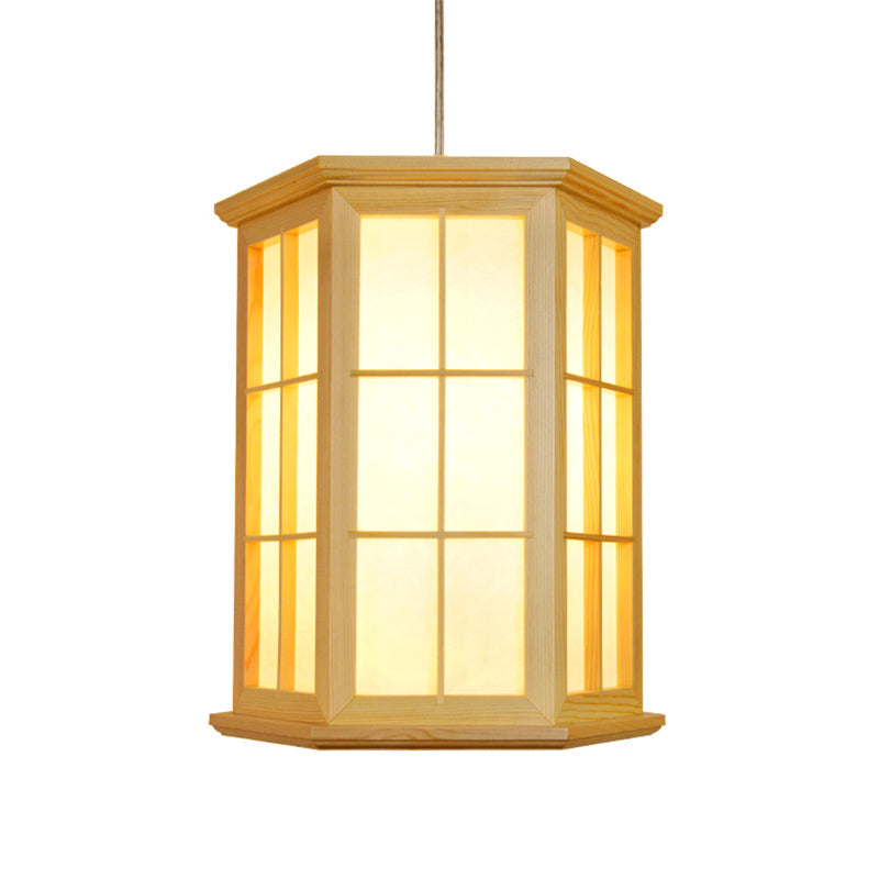 Japanese Style Wood Hexagon Pendulum Light In Beige Tea Room Hanging Ceiling Lamp