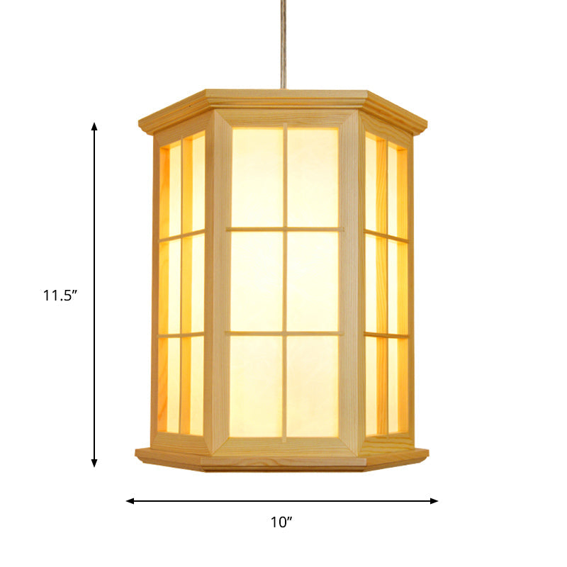 Japanese Style Wood Hexagon Pendulum Light In Beige Tea Room Hanging Ceiling Lamp