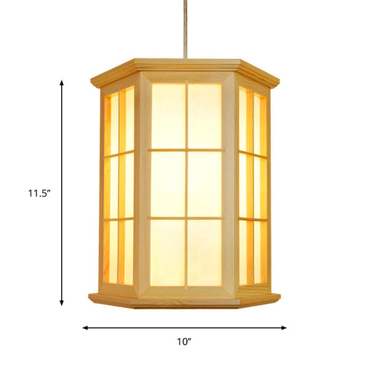 Japanese Style Wood Hexagon Pendulum Light In Beige Tea Room Hanging Ceiling Lamp
